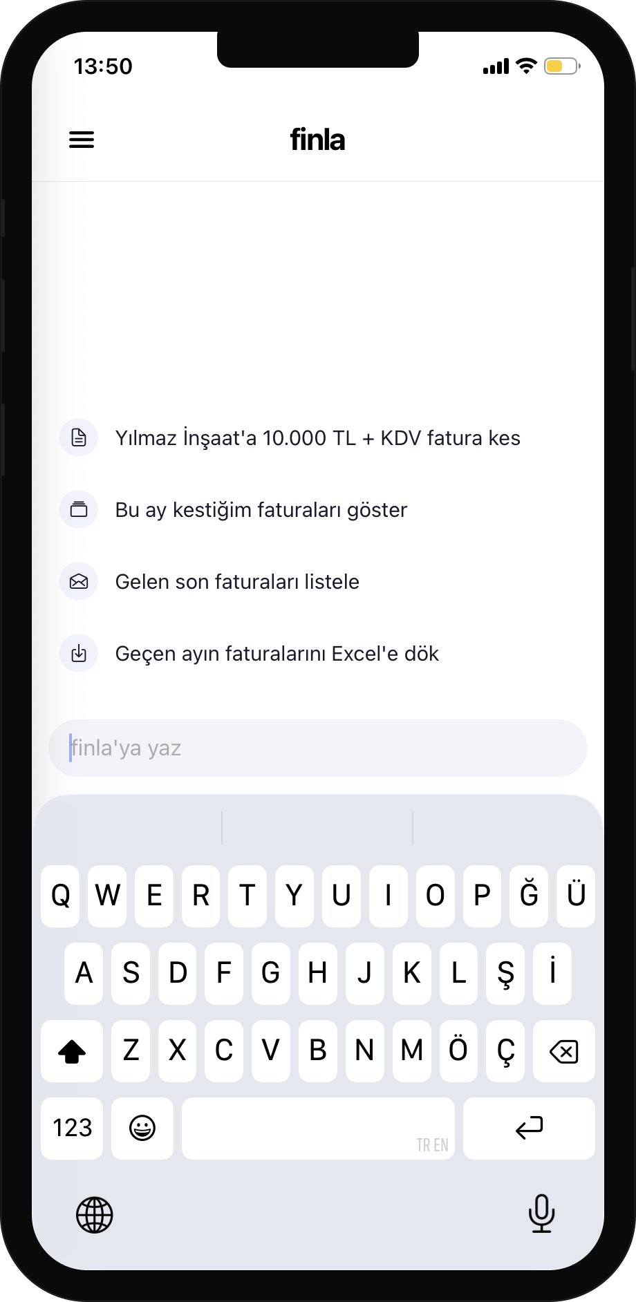finla sohbet ekranı: hazır komut önerileri ve mesaj alanı