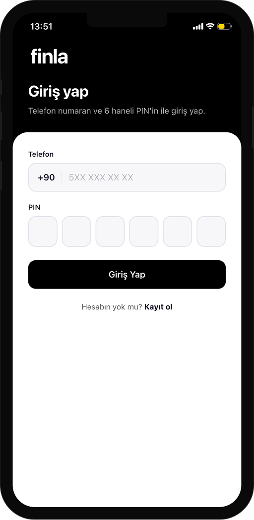 finla giriş ekranı: telefon numarası ve 6 haneli PIN